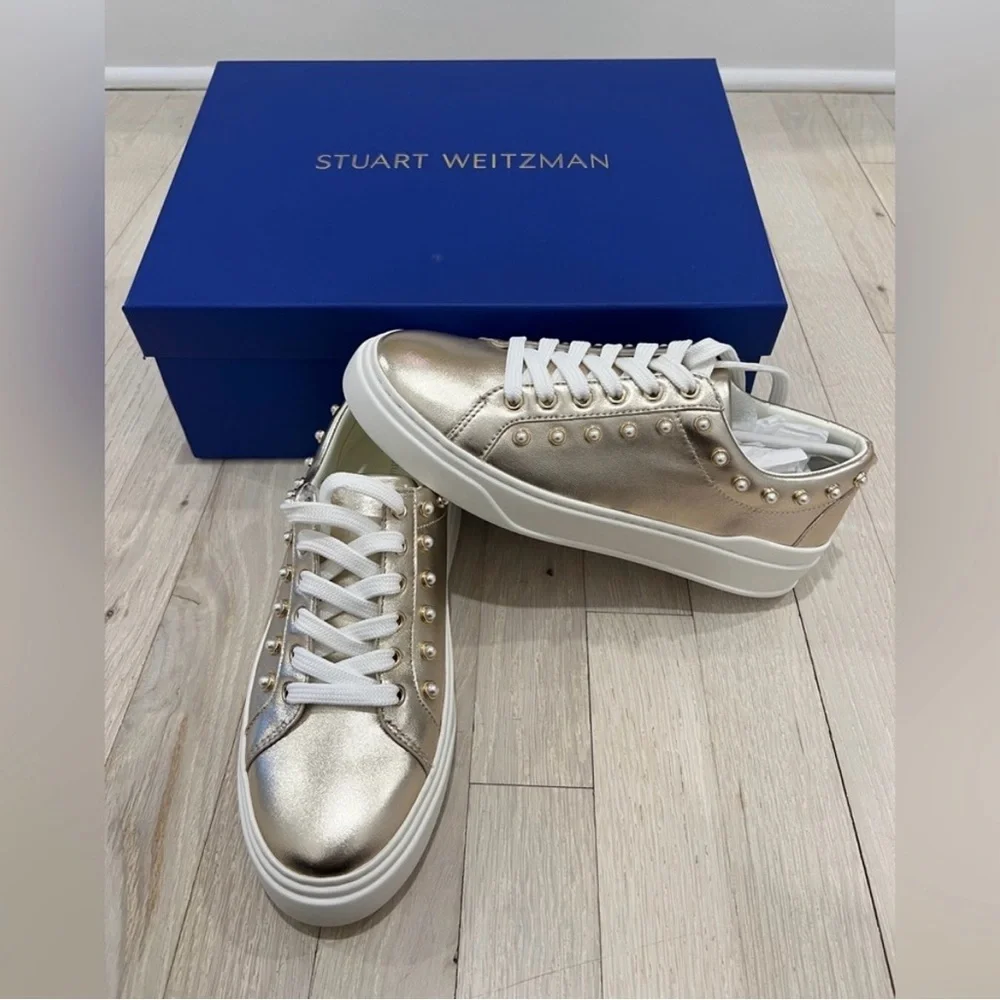 Stuart Weitzman Metallic Low-Top Women's Tillie Pearl Gold Sneaker Size 6.5 / 37